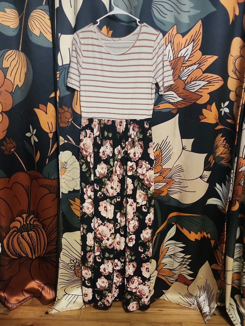 Reborn White Striped Top with Black Pink Floral Maxi Dress